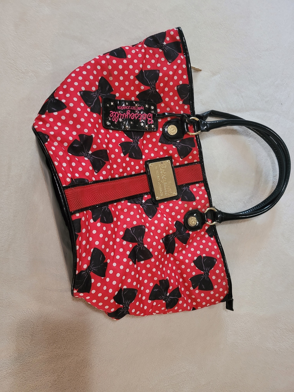 VTG Betsey Johnson Red Black Bow Tote Bag 12"x20"